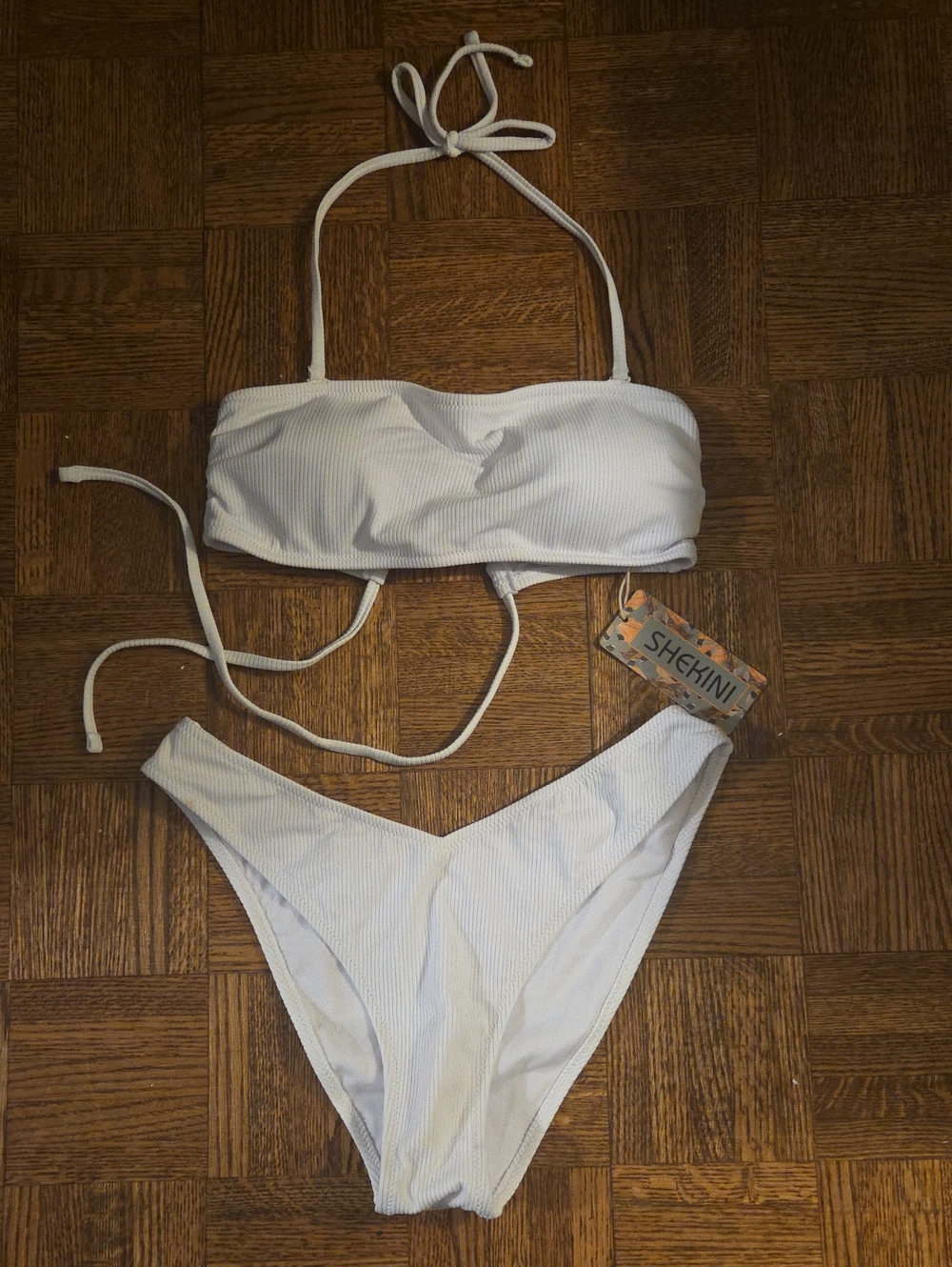 White Ribbed Bandeau Bikini Set